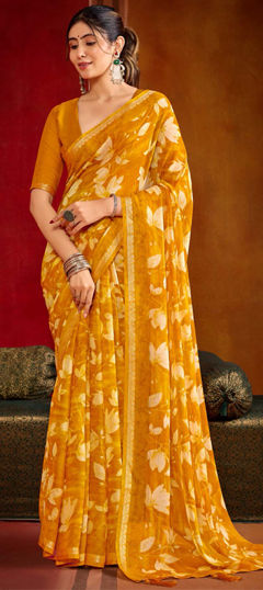 Yellow color Saree in Georgette fabric with Printed, Weaving work