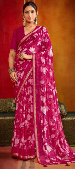Pink and Majenta color Saree in Georgette fabric with Printed, Weaving work