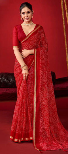 Red and Maroon color Saree in Georgette fabric with Bandhej, Printed work
