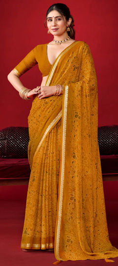 Yellow color Saree in Georgette fabric with Bandhej, Printed work