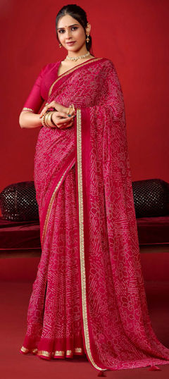 Pink and Majenta color Saree in Georgette fabric with Bandhej, Printed work