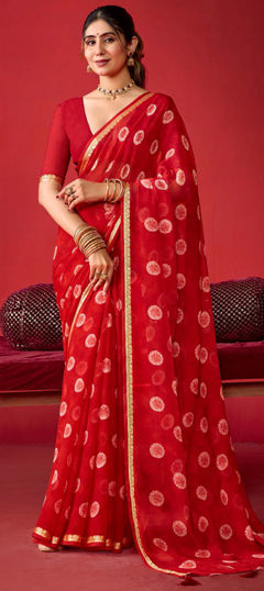 Red and Maroon color Saree in Georgette fabric with Printed work