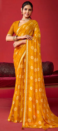 Yellow color Saree in Georgette fabric with Printed work