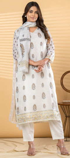 White and Off White color Salwar Kameez in Kota Doria fabric with Floral, Printed, Sequence work