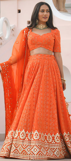 Orange color Lehenga in Georgette fabric with Embroidered, Gota Patti, Sequence, Thread work