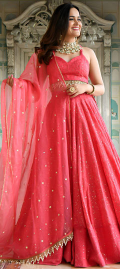 Pink and Majenta color Lehenga in Georgette fabric with Border, Embroidered, Moti, Sequence, Thread work