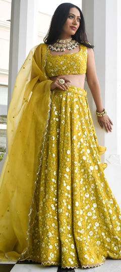 Green color Lehenga in Georgette fabric with Border, Embroidered, Sequence, Thread work
