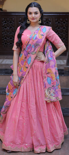 Pink and Majenta color Lehenga in Silk fabric with Embroidered, Sequence, Zari work