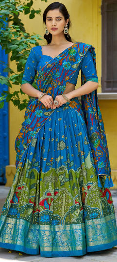 Multicolor color Lehenga in Tussar Silk fabric with Foil Print, Printed work