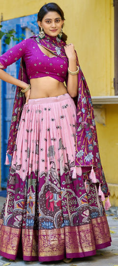 Pink and Majenta color Lehenga in Tussar Silk fabric with Foil Print, Printed work