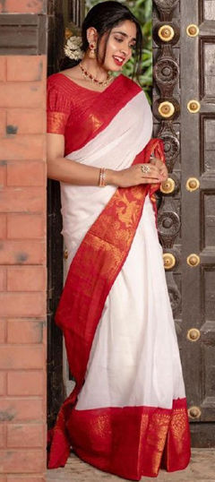 White and Off White color Saree in Banarasi Silk fabric with Weaving work