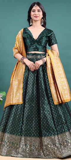Green color Lehenga in Jacquard fabric with Weaving work