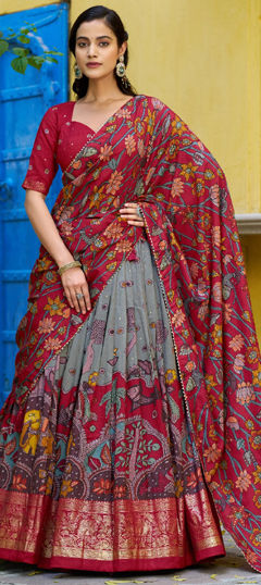 Black and Grey color Lehenga in Tussar Silk fabric with Foil Print, Printed work