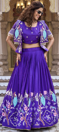 Purple and Violet color Ready to Wear Lehenga in Silk fabric with Embroidered, Thread work