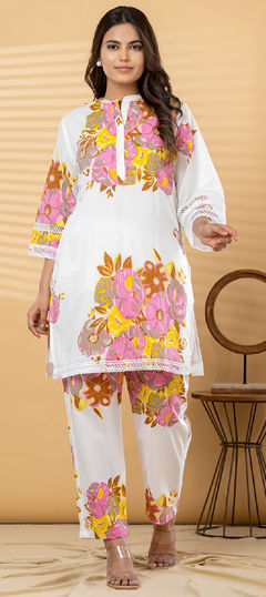 Pink and Majenta, White and Off White color Salwar Kameez in Mul Cotton fabric with Floral, Lace, Printed work