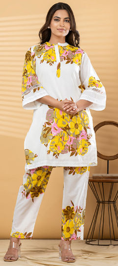 White and Off White, Yellow color Salwar Kameez in Mul Cotton fabric with Floral, Lace, Printed work