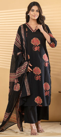 Black and Grey color Salwar Kameez in Cotton fabric with Embroidered, Floral, Mirror, Printed work