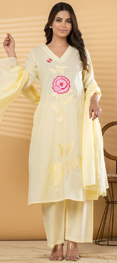Yellow color Salwar Kameez in Cotton fabric with Embroidered work