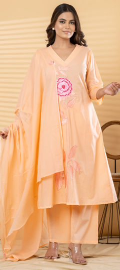 Orange color Salwar Kameez in Cotton fabric with Embroidered work