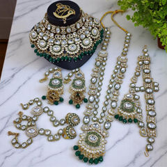 Gold Rodium Polish Green color Bridal Jewelry in Metal Alloy studded with CZ Diamond, Kundan, Pearl