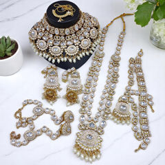 Gold Rodium Polish White and Off White color Bridal Jewelry in Metal Alloy studded with CZ Diamond, Kundan, Pearl