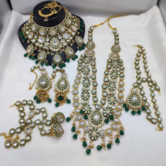 Gold Rodium Polish Green color Bridal Jewelry in Metal Alloy studded with CZ Diamond, Kundan, Pearl