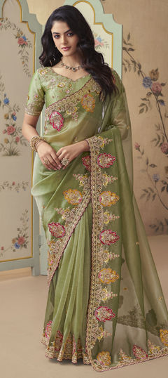 Green color Saree in Tissue fabric with Sequence, Stone, Thread, Zari work
