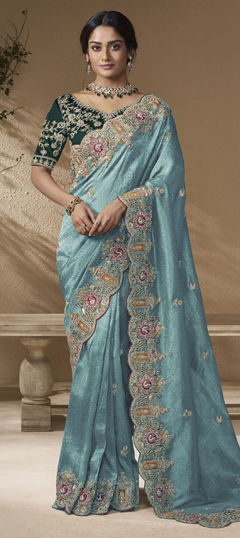 Blue color Saree in Viscose fabric with Sequence, Stone, Thread, Zari work