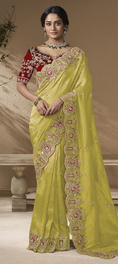 Yellow color Saree in Viscose fabric with Sequence, Stone, Thread, Zari work