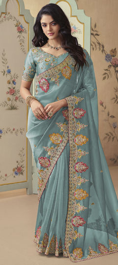 Blue color Saree in Tissue fabric with Sequence, Stone, Thread, Zari work