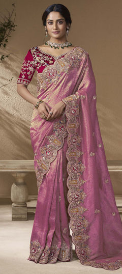 Pink and Majenta color Saree in Viscose fabric with Sequence, Stone, Thread, Zari work