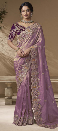Purple and Violet color Saree in Viscose fabric with Sequence, Stone, Thread, Zari work