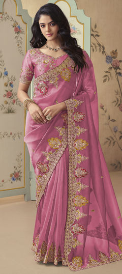 Pink and Majenta color Saree in Tissue fabric with Sequence, Stone, Thread, Zari work