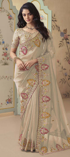 Gold color Saree in Tissue fabric with Sequence, Stone, Thread, Zari work
