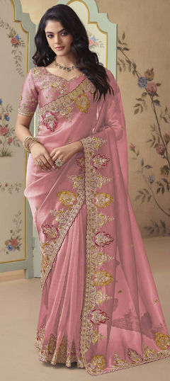 Pink and Majenta color Saree in Tissue fabric with Sequence, Stone, Thread, Zari work
