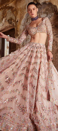 Pink and Majenta color Lehenga in Faux Georgette fabric with Embroidered, Mirror, Thread, Zari work