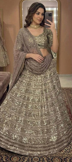 Beige and Brown color Lehenga in Faux Georgette fabric with Embroidered, Sequence, Thread, Zari work