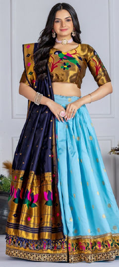 Blue color Lehenga in Silk fabric with Embroidered, Sequence, Thread work