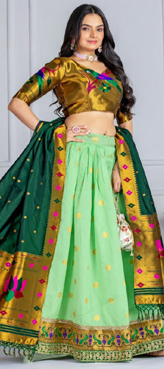 Green color Lehenga in Silk fabric with Embroidered, Sequence, Thread work