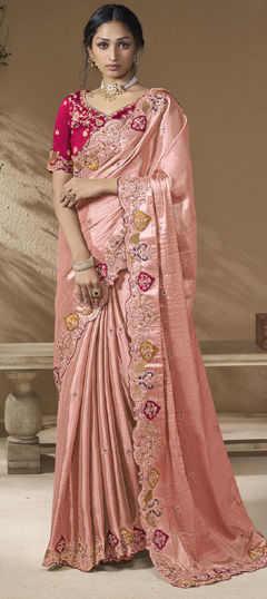 Pink and Majenta color Saree in Viscose fabric with Sequence, Stone, Thread, Zari work
