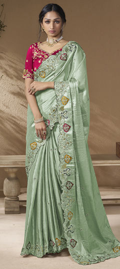 Green color Saree in Viscose fabric with Sequence, Stone, Thread, Zari work