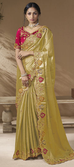 Green color Saree in Viscose fabric with Sequence, Stone, Thread, Zari work