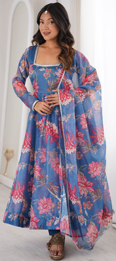 Blue color Salwar Kameez in Organza Silk fabric with Floral, Printed work