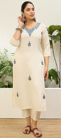 White and Off White color Kurti in Blended fabric with Embroidered work