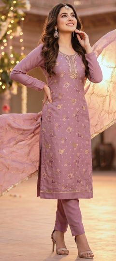 Pink and Majenta color Salwar Kameez in Cotton fabric with Cut Dana, Gota Patti, Printed, Sequence, Stone work