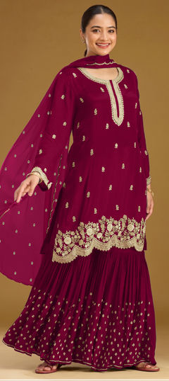 Purple and Violet color Salwar Kameez in Georgette fabric with Embroidered, Sequence work