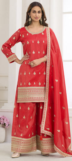 Red and Maroon color Salwar Kameez in Silk fabric with Embroidered work