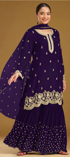 Purple and Violet color Salwar Kameez in Georgette fabric with Embroidered, Sequence work