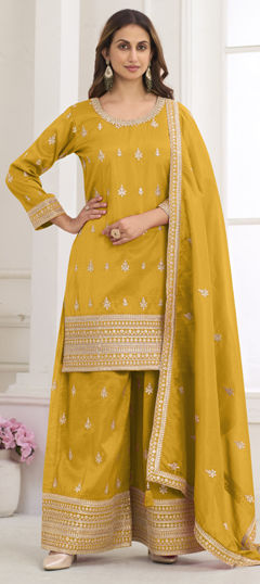 Yellow color Salwar Kameez in Silk fabric with Embroidered work
