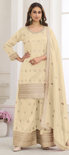 Beige and Brown color Salwar Kameez in Silk fabric with Embroidered work
